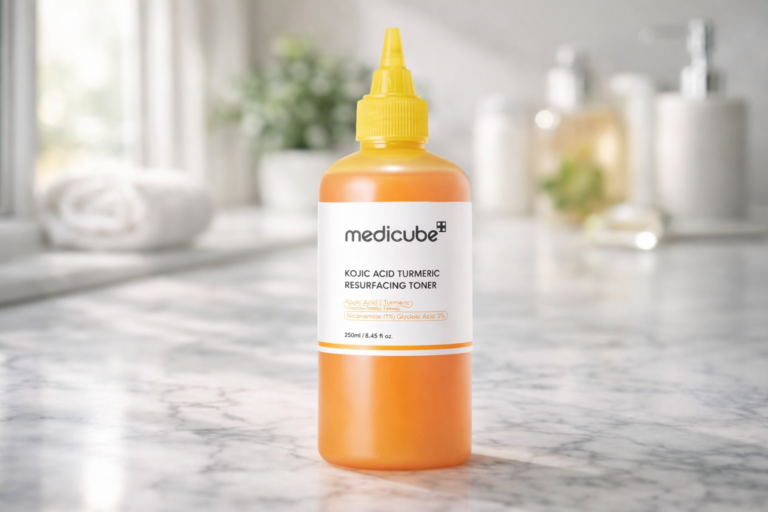Medicube kojic acid tumeric toner on marble countertop